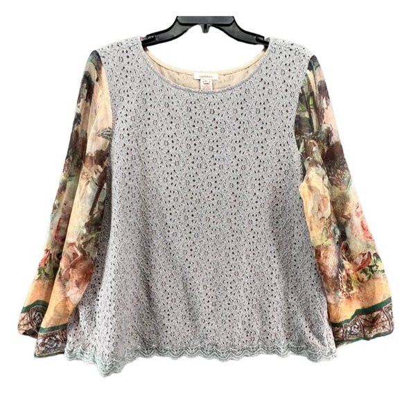 Sundance Tops - Sundance Clarinda Silk Printed Long Sleeve Eyelet Lace Top Gray Womens Size XL